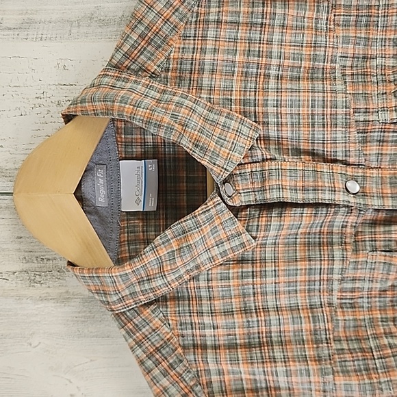 Columbia orange gray plaid pearl snap 2 pocket collared shirt Size Large TALL - Picture 4 of 9